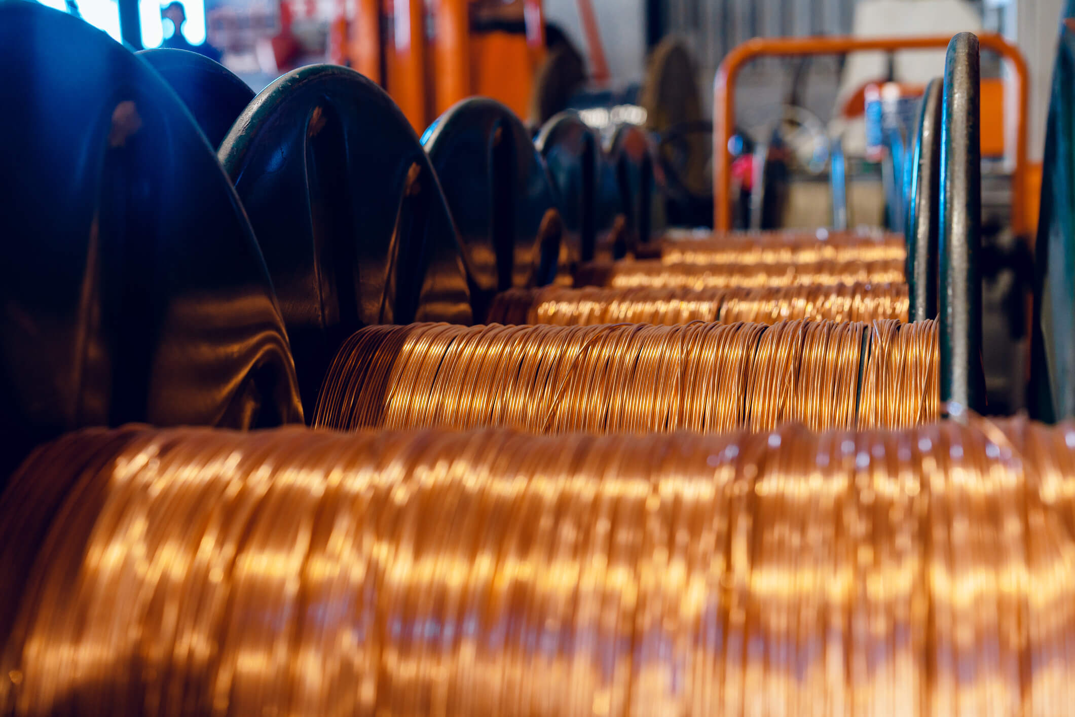 Production of copper wire, cable in reels at factory. Cable factory. Close up.