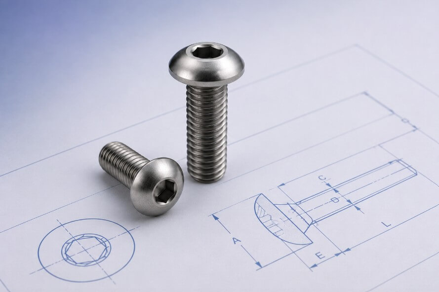 Button head screw image with technical drawing