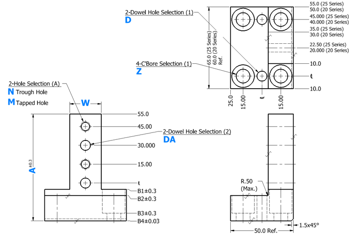 NAAMS L-Blocks - T-Shape, 4 Holes | MISUMI | MISUMI